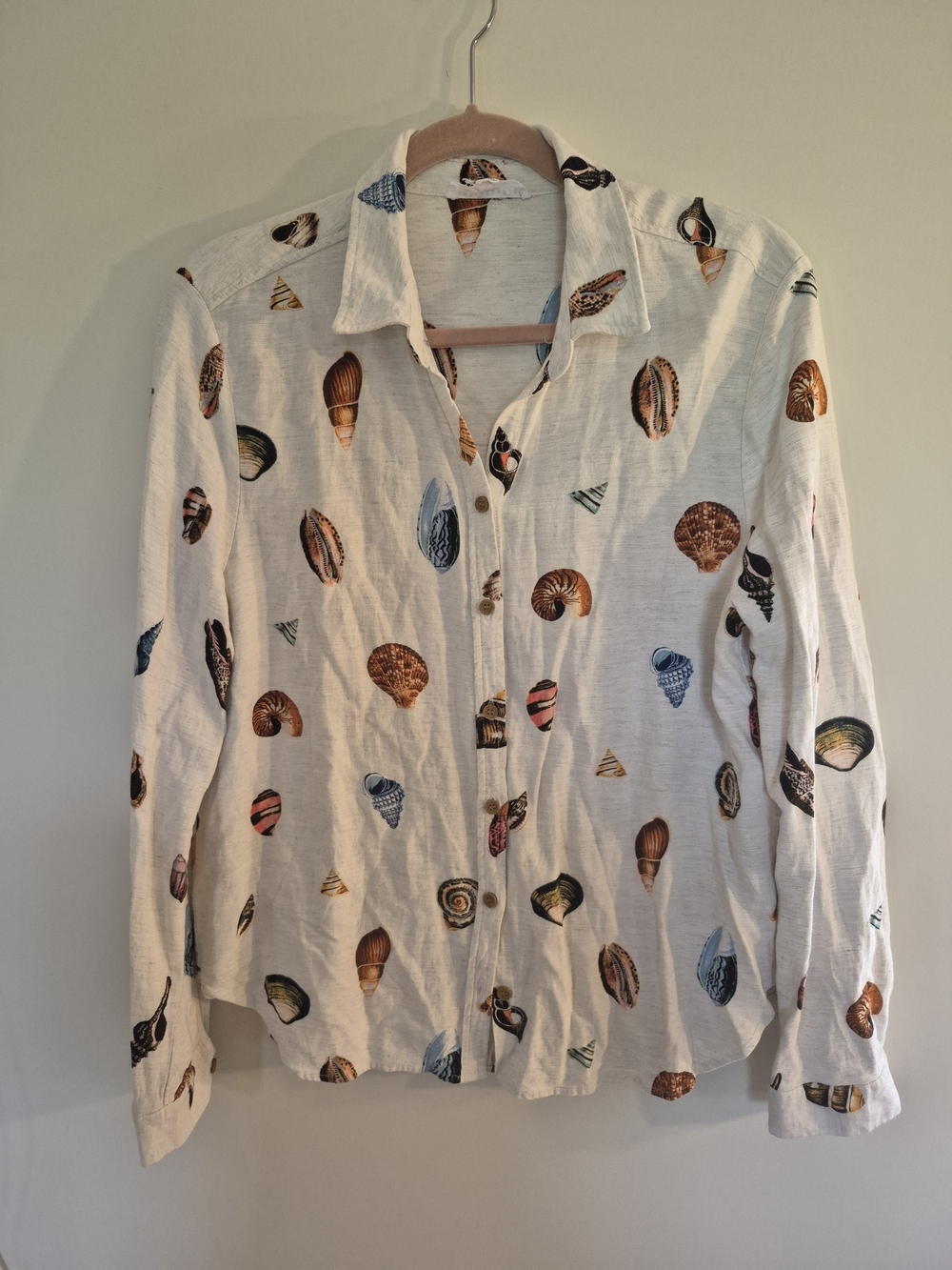 Jane + Delancey Seashell Print Linen Blend Shirt XL PTP 22" - Picture 2 of 7